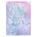 A square artwork featuring a stylized, textured illustration of a found fossil in light blue and lavender tones with a metallic pink border and iridescent green highlights.