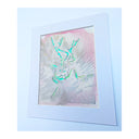 A square artwork with a wide white mat board, featuring an abstract design of a found fossil in bright green over a textured background of pink, silver, and white.