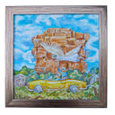 Framed artwork of a yellow convertible car with people and a large building in the background.