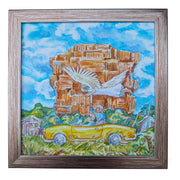 Framed artwork of a yellow convertible car with people and a large building in the background.