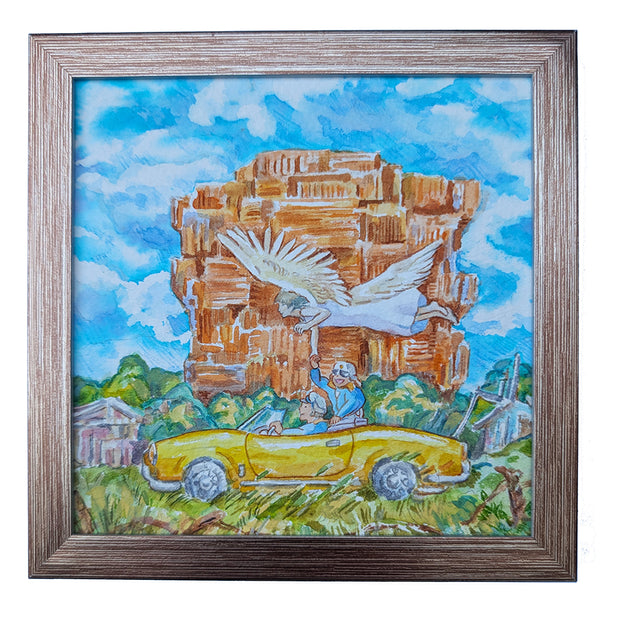 Framed artwork of a yellow convertible car with people and a large building in the background.