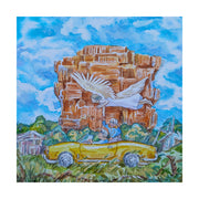 Painting of a yellow convertible car with people and a large stone structure with a winged creature against a blue sky.