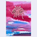 A watercolor-style artwork featuring a whimsical creature with two eyes and many tentacles against a pink and red sky, with blue clouds or water below.