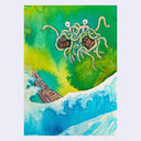 A watercolor painting of a fantastical scene featuring a small boat navigating blue waves, with a large green and yellow background and a strange spaghetti and meatball creature with eyes above.