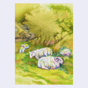 Watercolor painting of a flock of white sheep resting in a grassy field with green trees in the background, presented on a light gray background.
