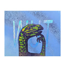 A square artwork featuring a stylized green and black dinosaur head in front of large iridescent white letters spelling 'WUT' on a textured light blue background.