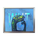 A framed artwork featuring a stylized green and black dinosaur head in front of large iridescent white letters spelling 'WUT' on a textured light blue background.