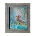 Painting of 2 orange furry creatures in the middle of a forest, with colorful blue and purple lighting. They stand up on rocks.