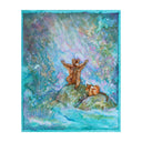 Painting of 2 orange furry creatures in the middle of a forest, with colorful blue and purple lighting. They stand up on rocks.