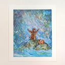 Painting of 2 orange furry creatures in the middle of a forest, with colorful blue and purple lighting. They stand up on rocks.