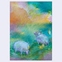 Watercolor-style artwork showing two sheep in a grassy field with a dreamy sky in teal, green, yellow, orange, and purple tones.