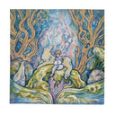 Colorful illustration of a person sitting on a rock reading a book, leaning up against a wolf with mystical trees and light in the background