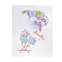 Colorful illustration of an anthropomorphic tortoise and an anthropomorphic rabbit, both riding skateboards - one does a kickflip over the other.