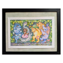 Painting of 4 Yokai monsters dancing in a way similar to Where the Wild Things Are, with a tiny boy dressed as a Tanuki dancing with them. Piece is framed.