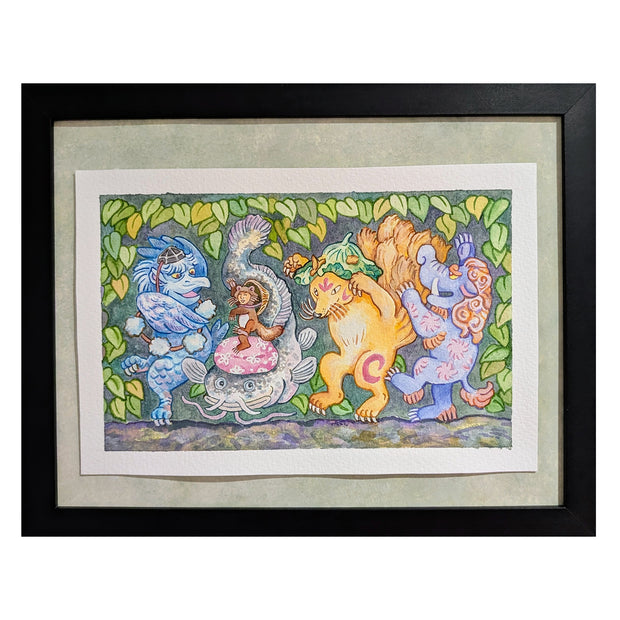 Painting of 4 Yokai monsters dancing in a way similar to Where the Wild Things Are, with a tiny boy dressed as a Tanuki dancing with them. Piece is framed.