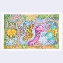 Colorful illustration of various creatures in a forest setting
