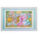 Colorful illustration of cartoonish kaiju in a forest setting with a white frame.