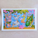 A colorful illustrated artwork featuring whimsical fantasy characters and animals in a stylized outdoor scene, with a white border around the artwork.