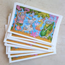 A colorful illustrated artwork featuring whimsical fantasy characters and animals in a stylized outdoor scene, with a white border around the artwork.