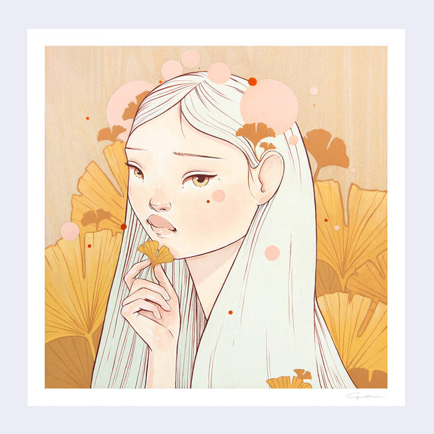 Illustration of a stylized woman, seen only from the shoulders up. She has long light green hair and holds a yellow gingko leaf in her hand. There are many large gingko leaves in the background.