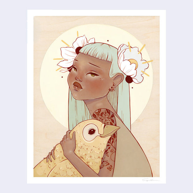 Illustration on light wood grain color background of a tan stylized woman with long mint colored hair tilting her head back and looking at the viewer. She has arm tattoos and head flowers and embraces a large yellow bird.