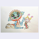Colorful illustration of a creature with a large head and long body on a light background