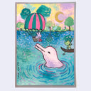 Colorful artwork of a small bunny in a parachute basket, floating down to give a porpoise a pink jewel. 