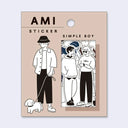 Sticker packaging with illustrations of people and a dog, featuring the brand 'AMI'.