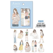 Amie sticker comic girl packaging with illustrations of girls in various poses on a white background.