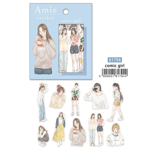 Amie sticker comic girl packaging with illustrations of girls in various poses on a white background.