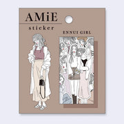 AMiE sticker packaging with illustration of a girl and text 'ENNUI GIRL' on a beige background