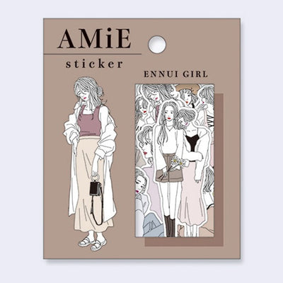 AMiE sticker packaging with illustration of a girl and text 'ENNUI GIRL' on a beige background