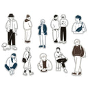 Set of black and white illustrations of people in various poses on a white background