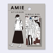 Amie sticker packaging with illustrations of a girl and a crowd on a gray background