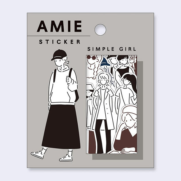 Amie sticker packaging with illustrations of a girl and a crowd on a gray background
