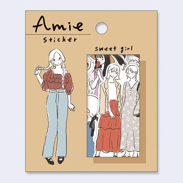 Amie sticker packaging with illustrations of a girl and a group of girls on a beige background.