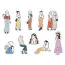 Illustrations of women in various outfits on a white background