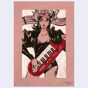 Illustration of a character holding a keyboard guitar on a pink background