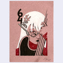 Cartoon character with white hair and glasses holding the neck of a guitar, on a pink background