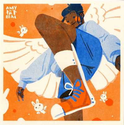 Orange, blue and cream colored risograph print of a girl with dark skin and large angel wings. The perspective shows her almost stepping over the viewer, with a brace around her calf. She smiles and small white bunny angels fly around.