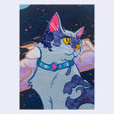 A colorful artwork of a cat wearing a blue collar with a pink gem, set against a dark starry background. The cat has gray and purple fur with pink inner ears and yellow eyes.