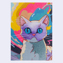 A colorful artwork featuring a stylized purple cat with blue eyes and a gray body, set against a vibrant abstract background of pink, yellow, blue, and orange paint strokes.