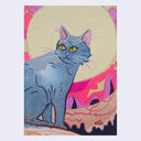 A colorful artwork featuring a blue cat with yellow eyes sitting in front of a large cream-colored circle, with abstract pink, purple, and peach shapes in the background. 