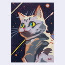 A stylized painting of a gray tabby cat with bright yellow eyes against a dark starry sky background, shown as an art print on a light gray canvas.