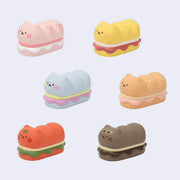 Set of cute, cartoon-style sandwich-shaped cat figurines with different colorings.