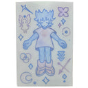 Blue and purple ink drawing of a cartoon style child, floating with their eyes closed and palms turned out.