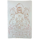 Rusty colored illustration of a woman with many bony wings and shards coming off her body, who stands with her hands clasped and eyes closed.