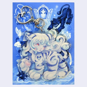 Acrylic keychain of a fantasy style cat creature with the face of a young girl, attached to metal hardware with a heart shaped clasp.