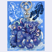 Acrylic keychain of a fantasy style cat creature with the face of a young girl, attached to metal hardware with a heart shaped clasp.