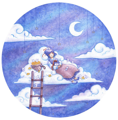 Watercolor painting on circular paper of a blue and purple sky with cartoon style clouds. Resting atop of one is a woman in a dress, resting with a basket of stars near her. Small bunnies interact with the scene and a ladder leads up from out of frame to the cloud she is on. 